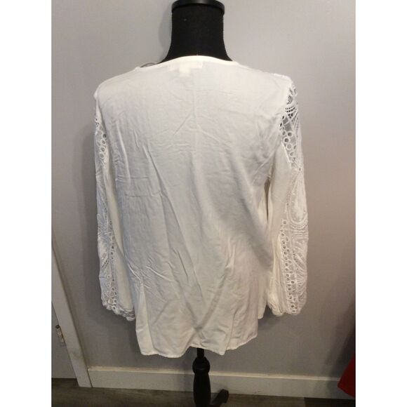 Cactus And Pearl Medium White Pleated Tunic Top Ruffled Lace Sleeves Bib Collar - Picture 2 of 6